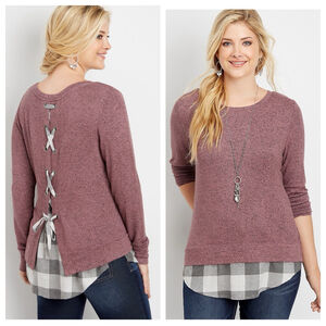 Maurices Plaid Lace Up Back Hi Low Pullover Sweater Buffalo Plaid Mauve Small